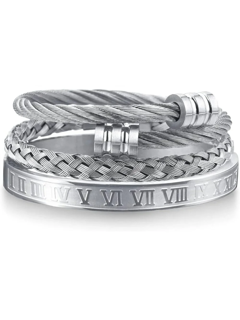 Men's 3PCS Stainless Steel Bracelets Set - Gold Roman Numeral & Twisted Cable